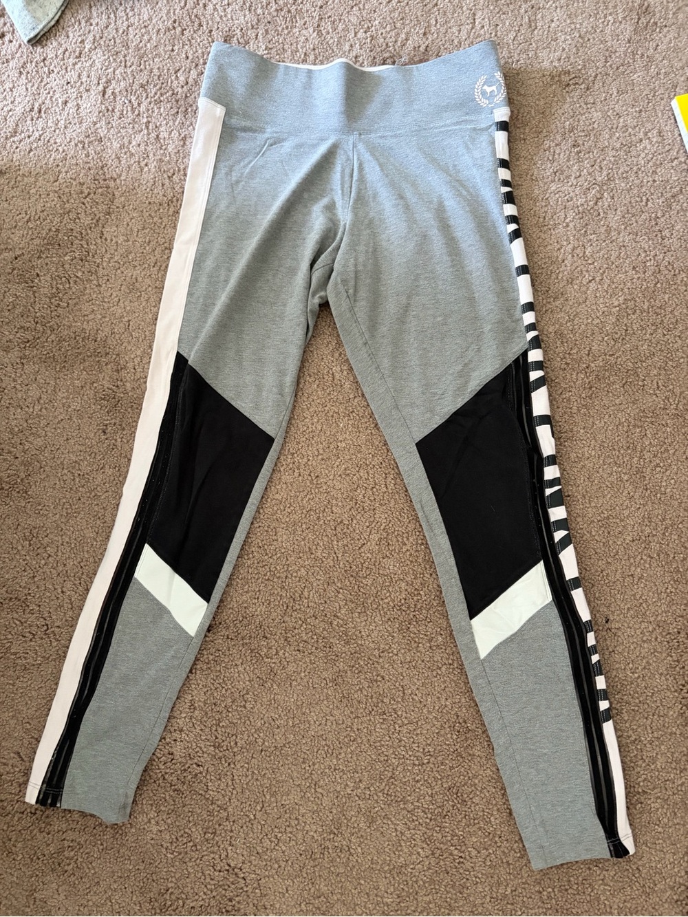 PINK Victoria's Secret Grey Leggings with Black, White and Pink Stripe